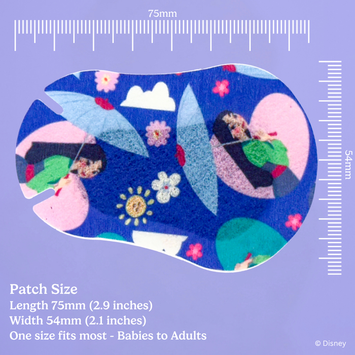 Disney Princess eye patch size guide: 75 mm long, 54 mm wide