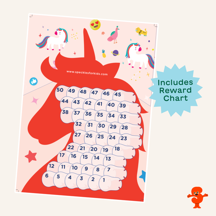 Unicorn reward chart included in the Hide & See Dreamer pack, counting 50 to 1