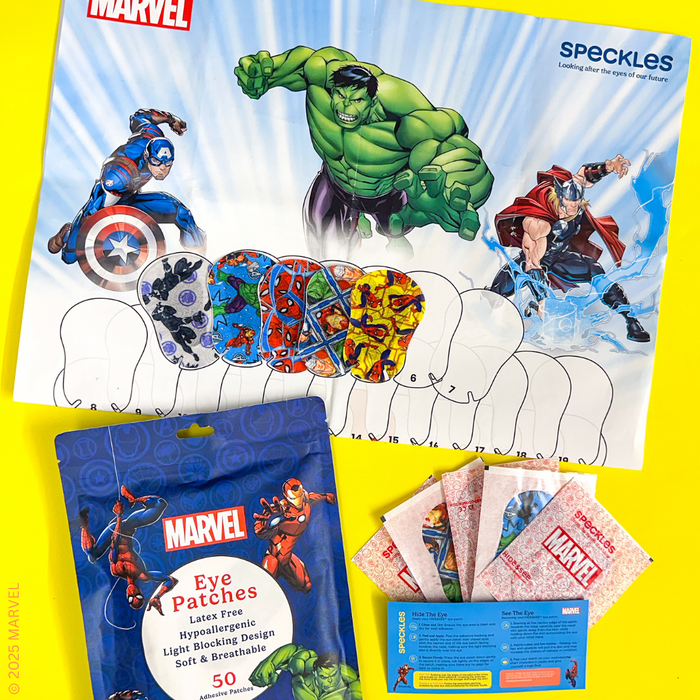 Marvel eye patches flat lay with pouch, Avengers reward chart and instructions