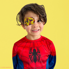 Boy in a Spider-Man costume wearing a yellow Spider-Man eye patch
