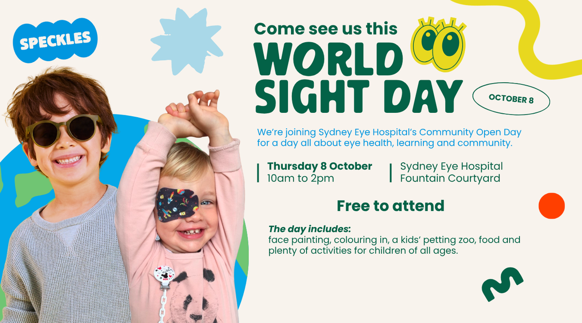 Join Speckles at World Sight Day, Thursday 8 October, 10am to 2pm, Sydney Eye Hospital Fountain Courtyard. Free to attend.