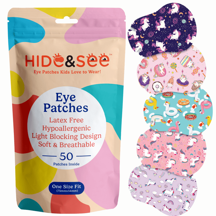 Hide & See Unicorn World 50 pack pouch beside its five eye patch designs