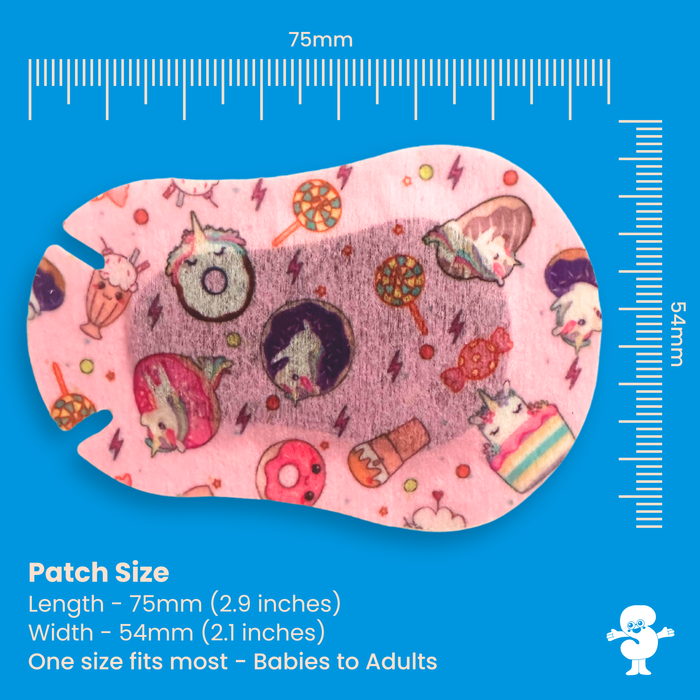 Hide & See Unicorn World eye patch size guide: 75 mm long, 54 mm wide