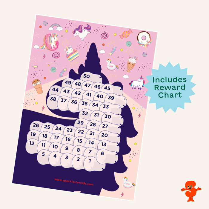 Unicorn reward chart included in the Hide & See Unicorn World pack, counting 50 to 1