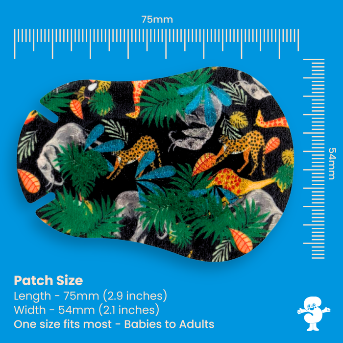 Hide & See Wild jungle eye patch size guide: 75 mm long, 54 mm wide