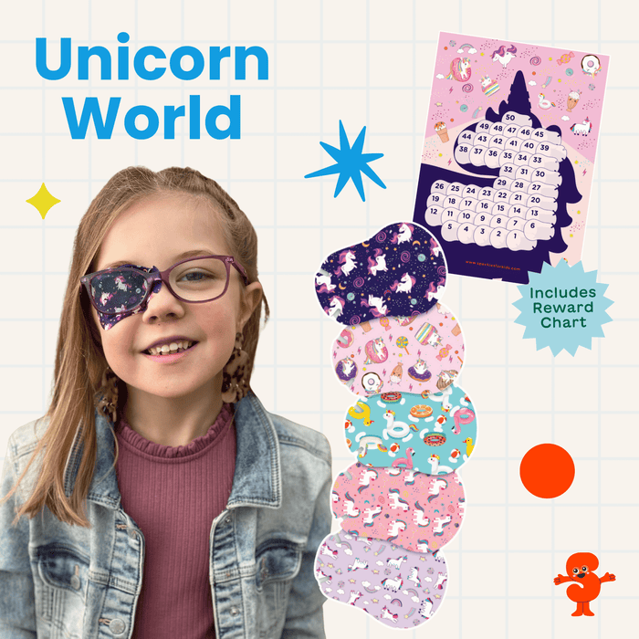 Girl in glasses wearing a Hide & See Unicorn World eye patch, shown with the five designs and reward chart